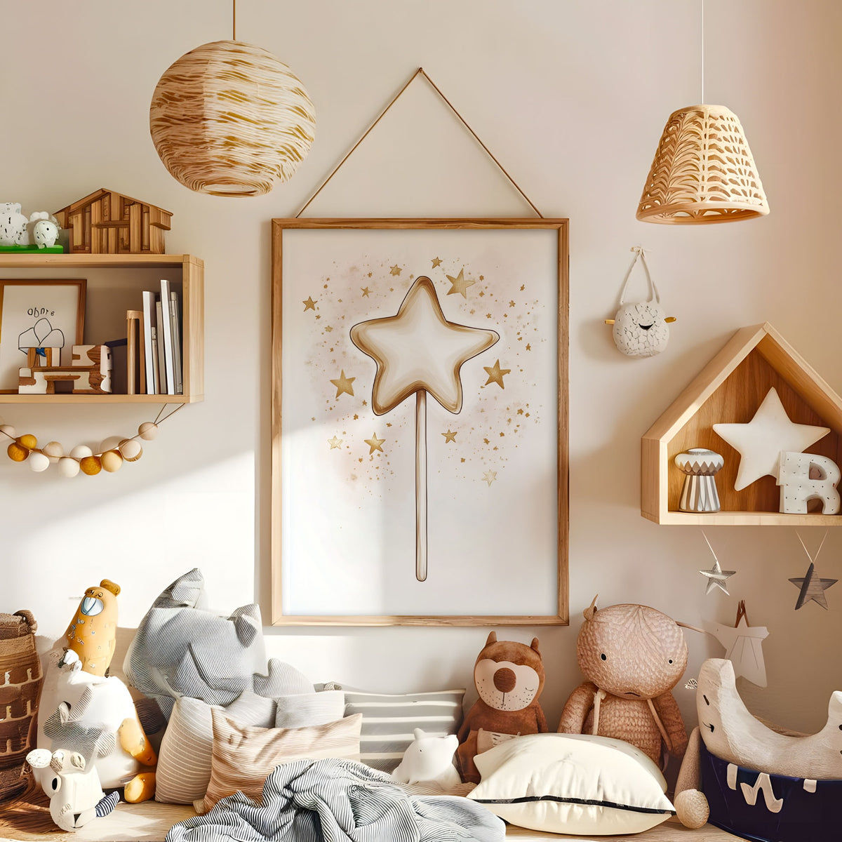 Gold star wand nursery print displayed in a warm kids bedroom