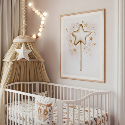 Magic star wand nursery wall art displayed above a cot
