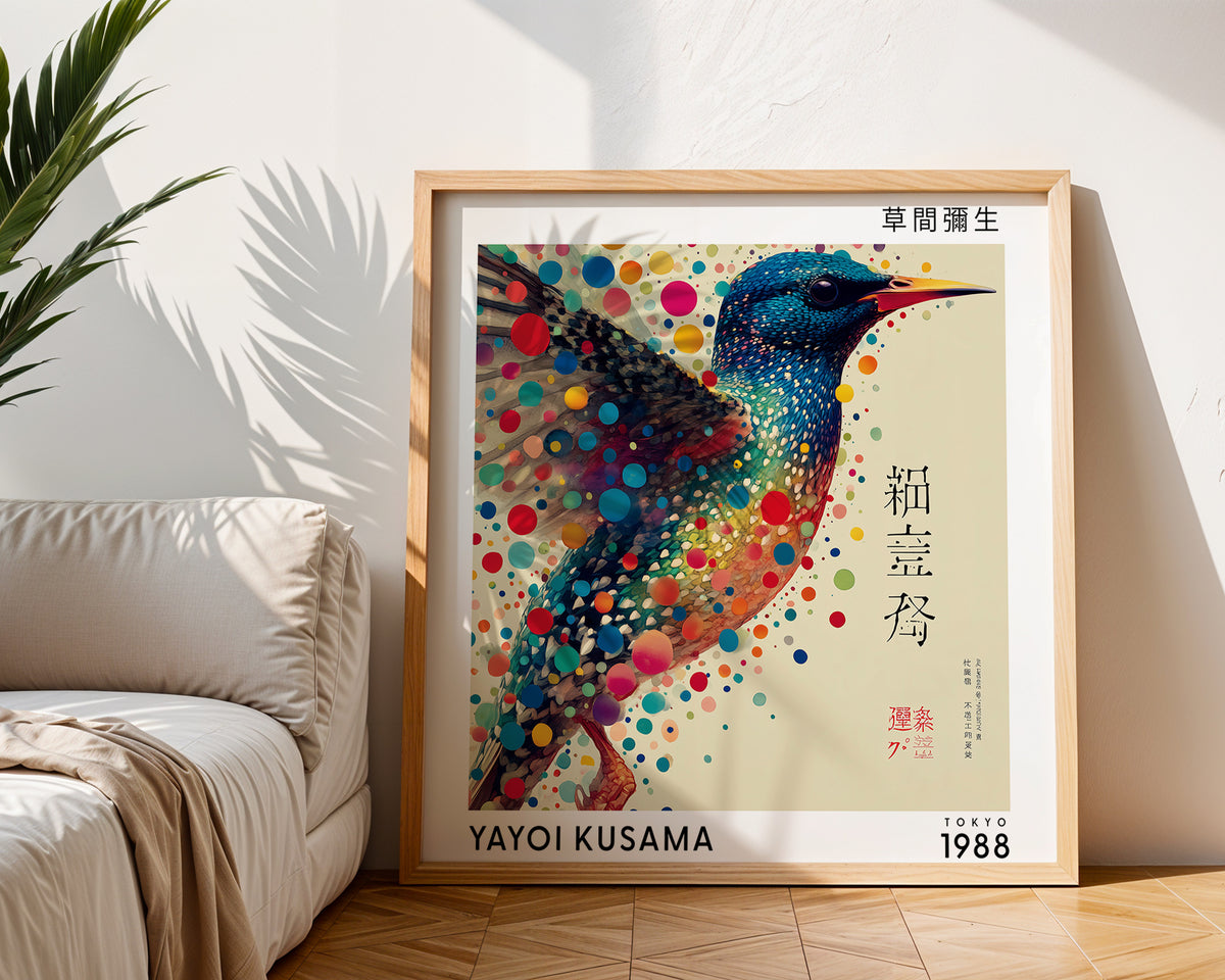 Yayoi Kusama Inspired Colourful Bird Print | Japanese Polka Dot Wall Art