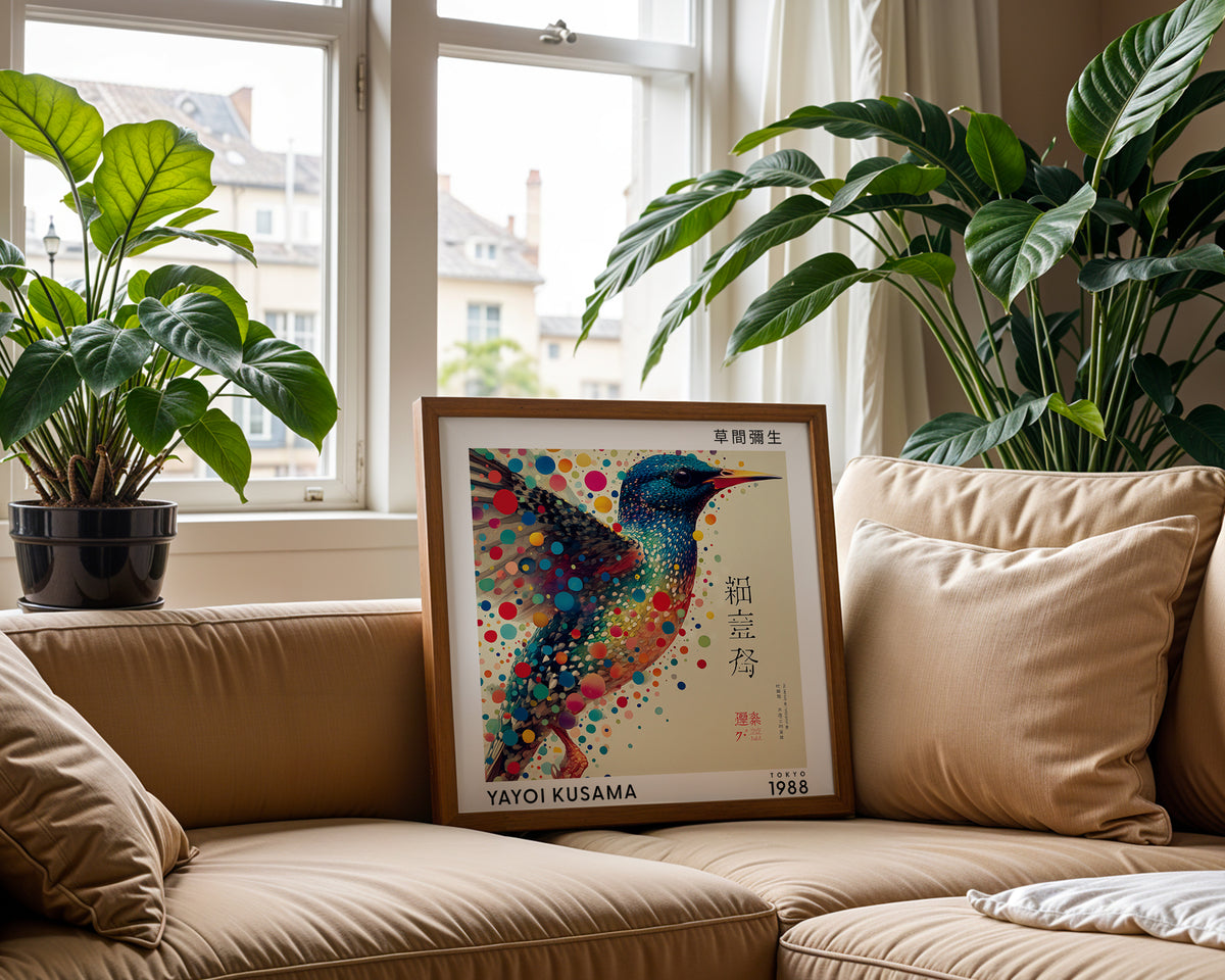 Yayoi Kusama Inspired Colourful Bird Print | Japanese Polka Dot Wall Art