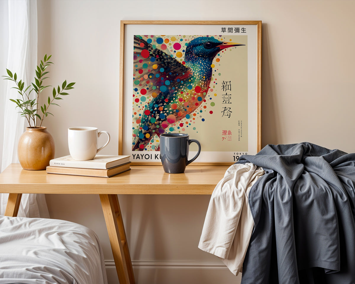 Yayoi Kusama Inspired Colourful Bird Print | Japanese Polka Dot Wall Art