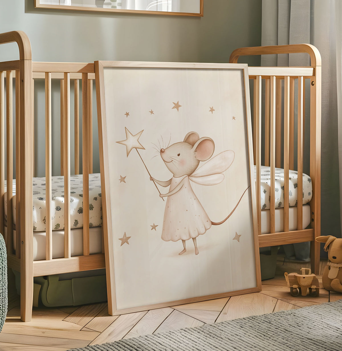 Sleeping bunny on crescent moon nursery print with soft neutral clouds and pink boots