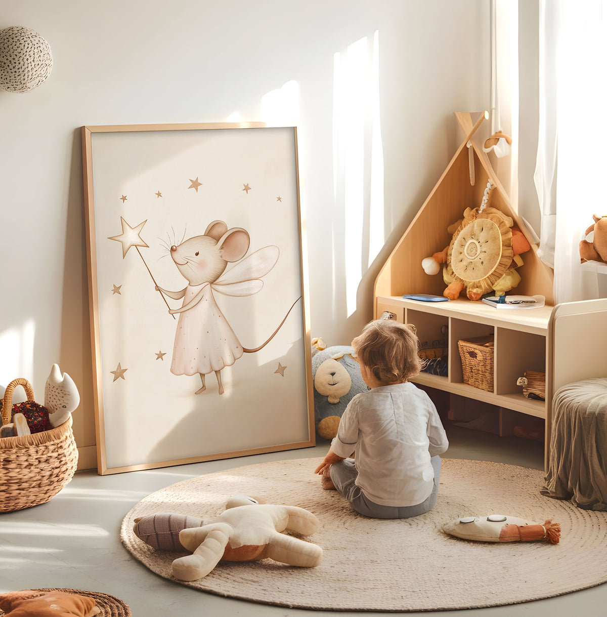 Sleeping bunny moon nursery wall art displayed in a bright child room