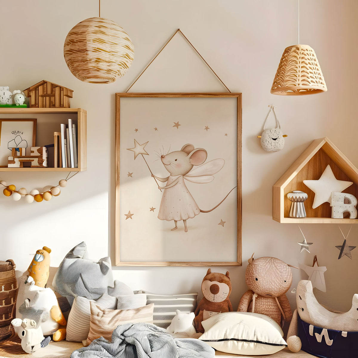 Bunny sleeping on crescent moon nursery print displayed in a warm kids bedroom