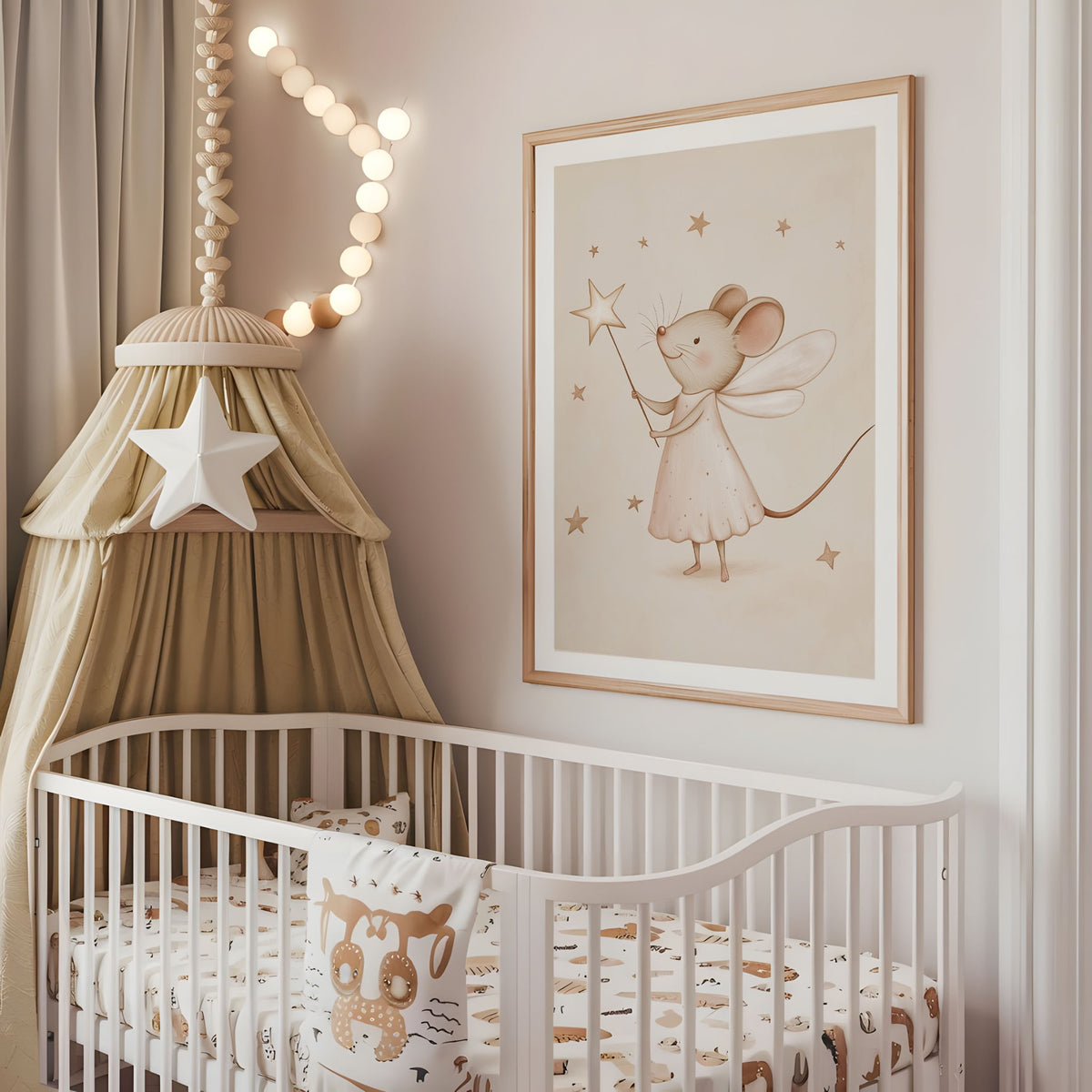 Sleeping bunny crescent moon nursery wall art displayed above a cot