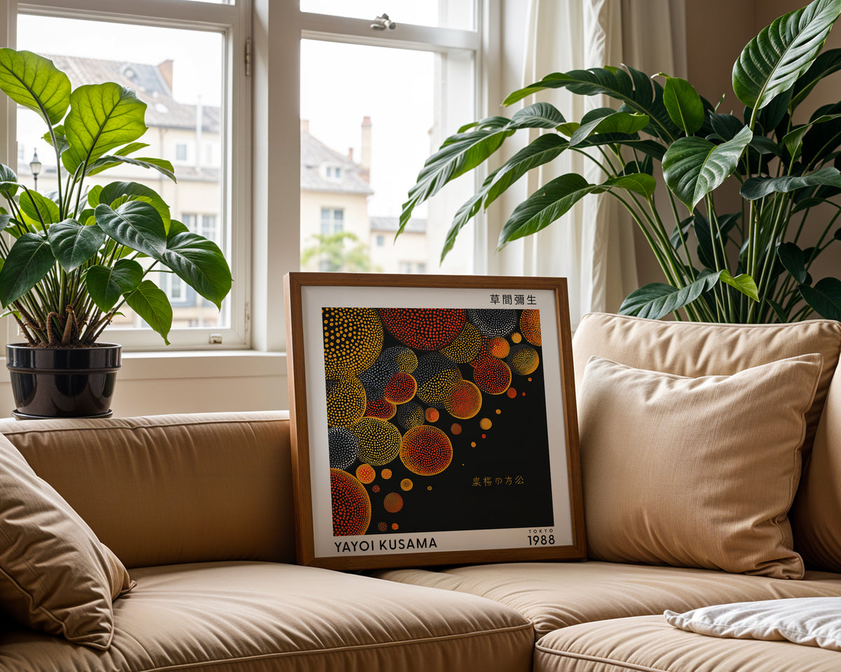 Yayoi Kusama Inspired Orange Sphere Print | Japanese Abstract Polka Dot Wall Art