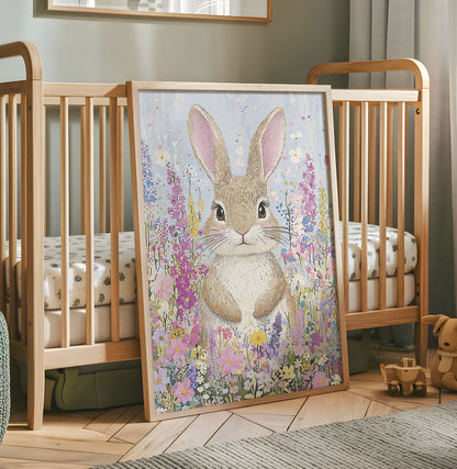 Fairy bunny nursery print holding a star wand with wings and scattered stars