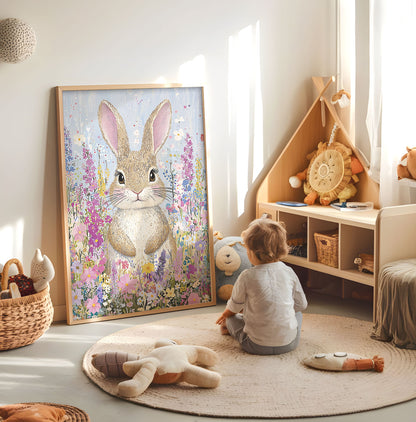 Fairy bunny with star wand kids wall art displayed in a bright nursery