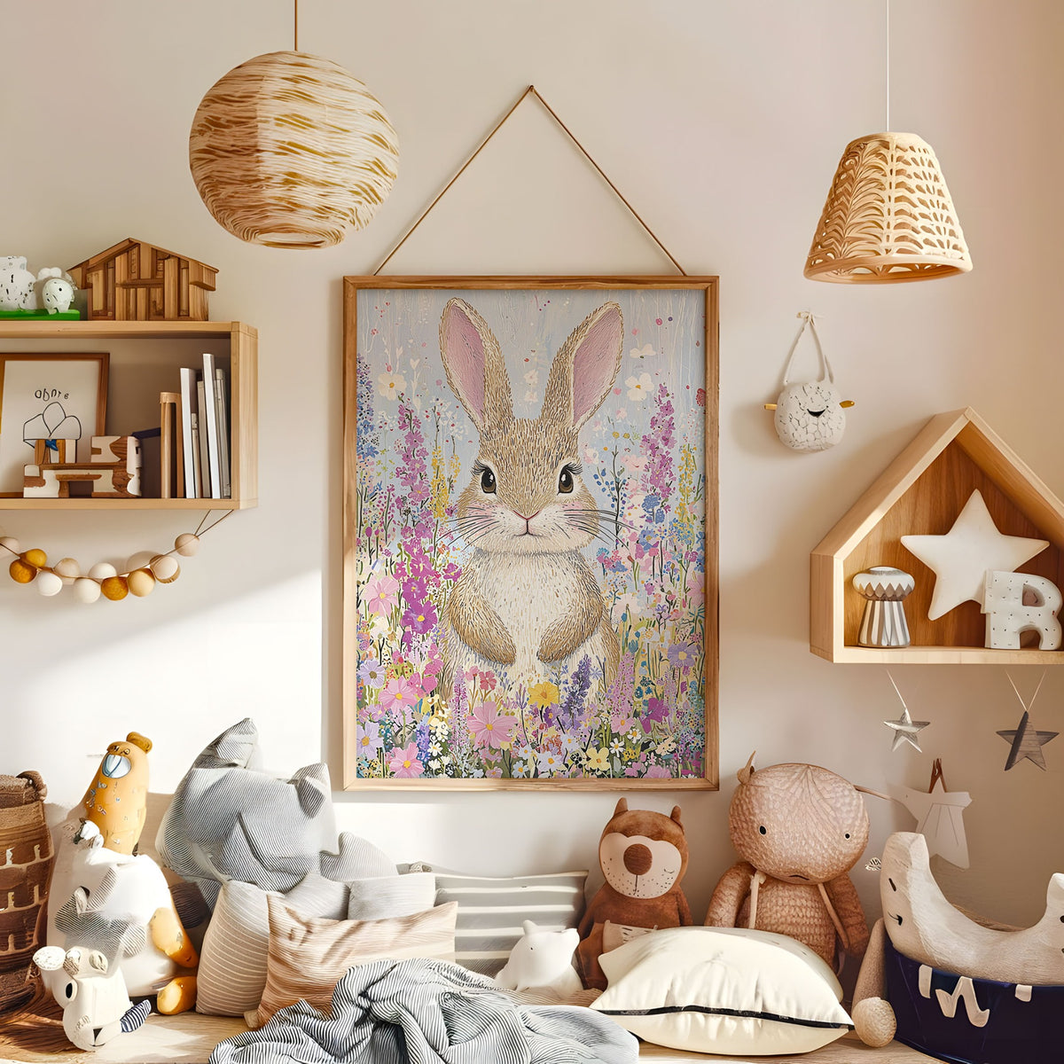 Whimsical fairy bunny nursery print displayed in a warm kids bedroom