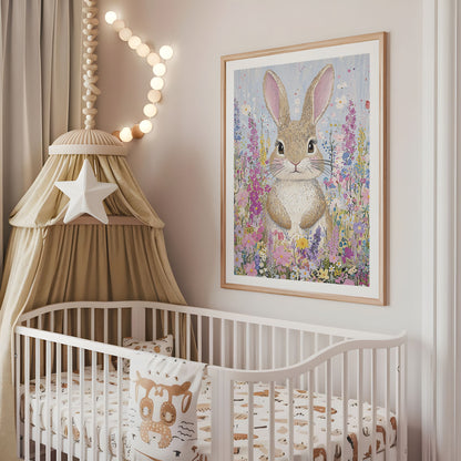 Fairy bunny star wand nursery wall art displayed above a cot