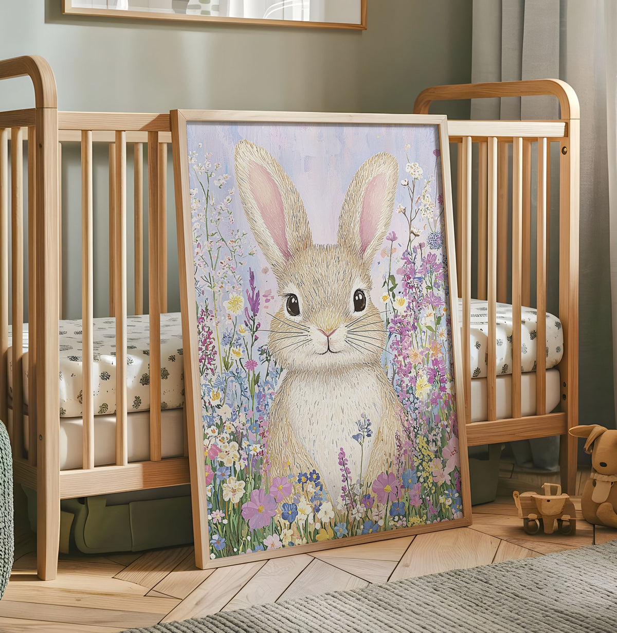 Floral bunny nursery print with a cute rabbit surrounded by colourful wildflowers