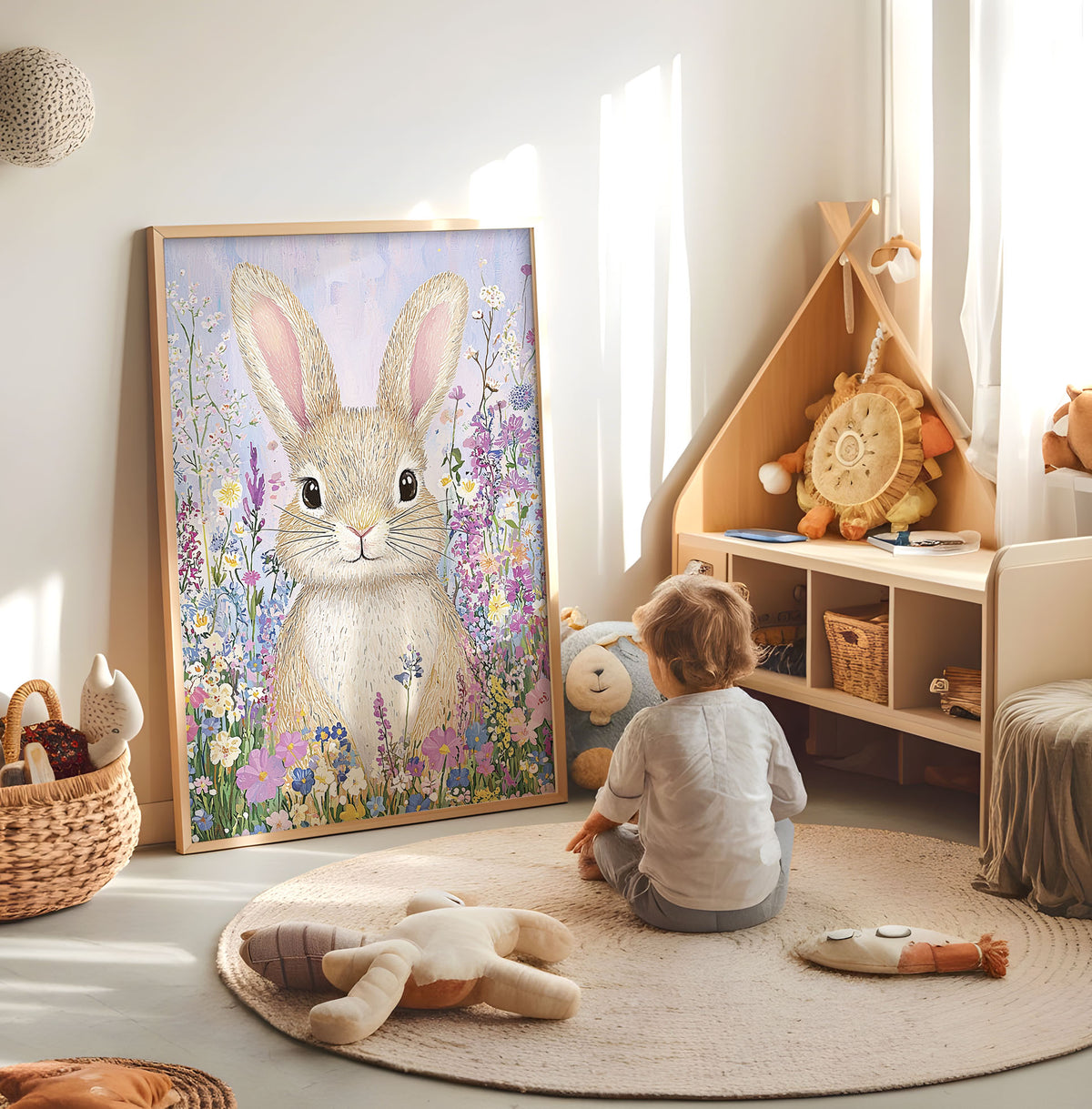 Colourful floral bunny kids wall art displayed in a bright nursery
