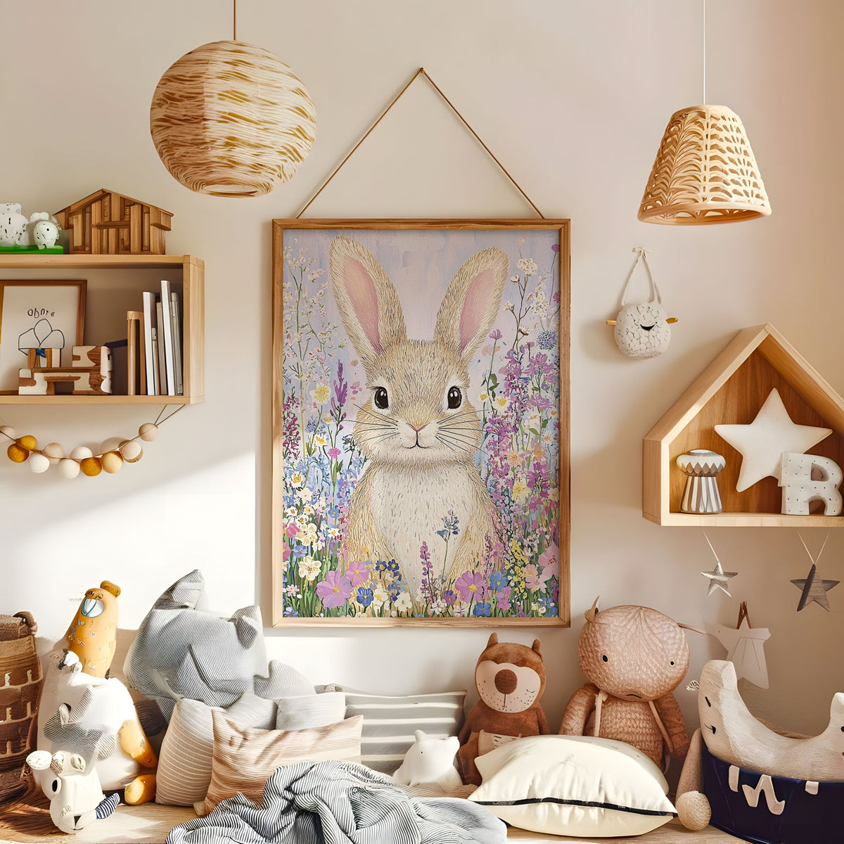 Wildflower rabbit nursery print displayed in a warm kids bedroom