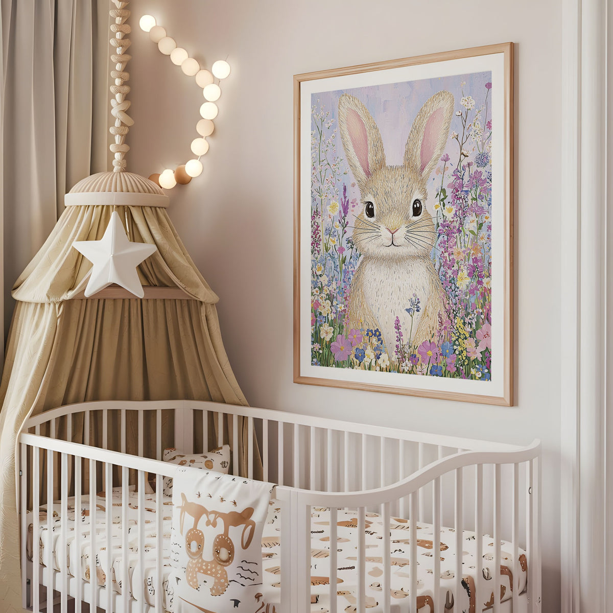 Floral bunny nursery wall art displayed above a cot