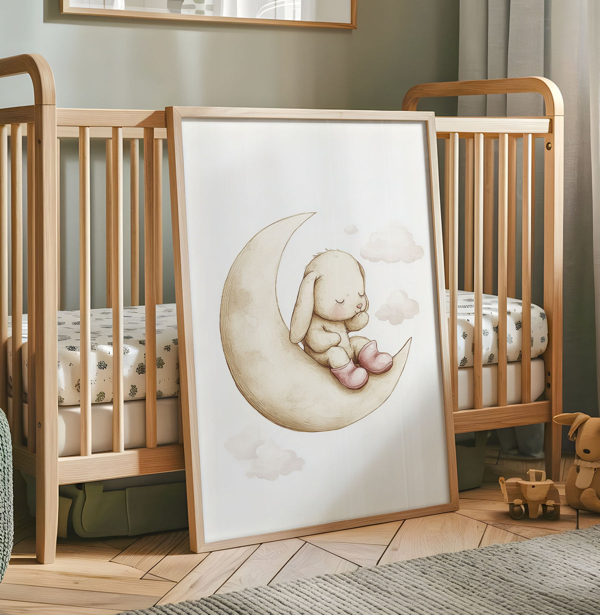 Pastel wildflower bunny nursery print with a cream rabbit and lilac floral background