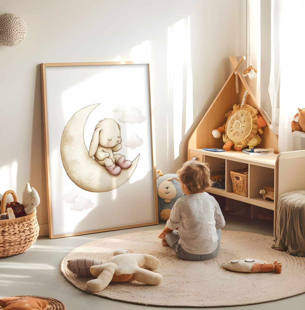 Pastel bunny flower nursery wall art displayed in a bright child room