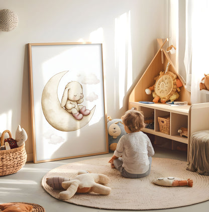 Pastel bunny flower nursery wall art displayed in a bright child room