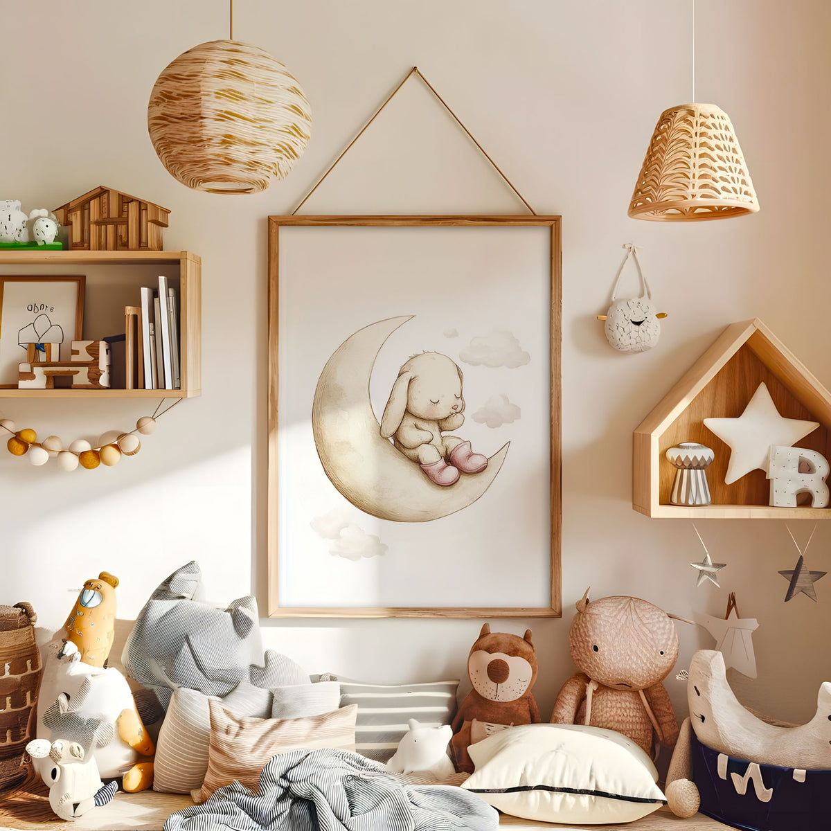 Wildflower bunny nursery print displayed in a warm kids bedroom