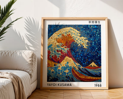 Yayoi Kusama Inspired Great Wave Print | Japanese Blue Polka Dot Wall Art