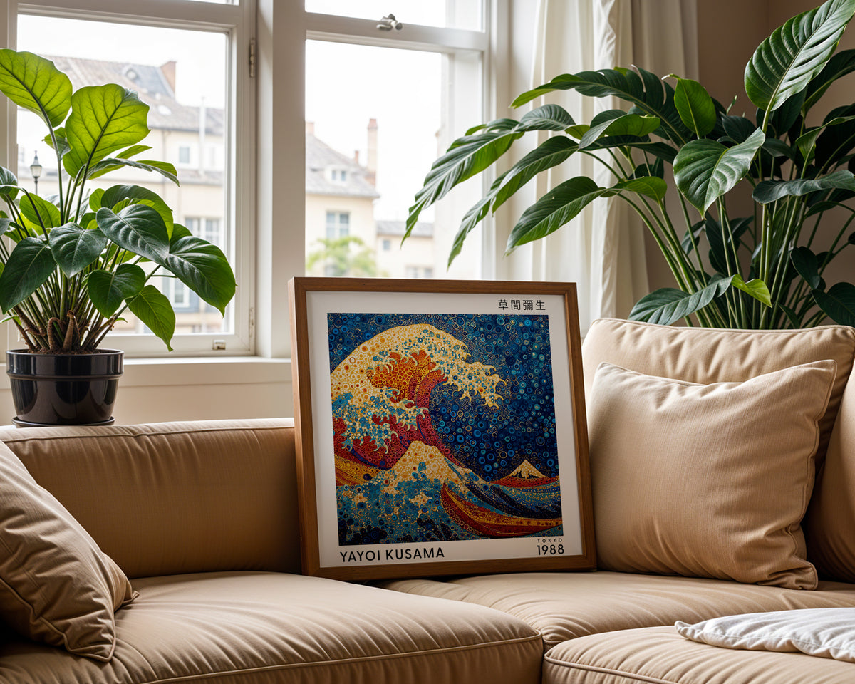 Yayoi Kusama Inspired Great Wave Print | Japanese Blue Polka Dot Wall Art