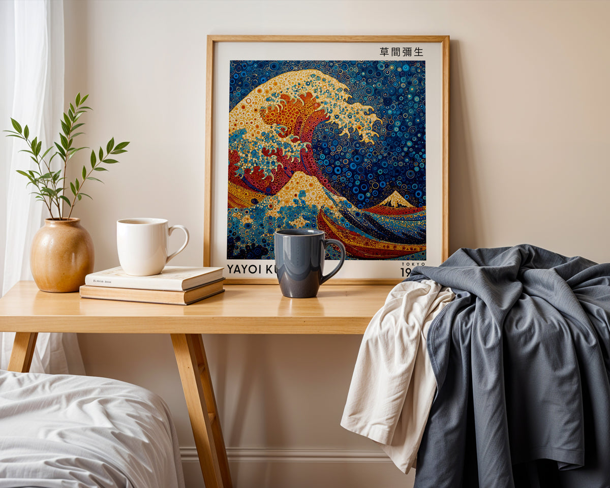 Yayoi Kusama Inspired Great Wave Print | Japanese Blue Polka Dot Wall Art