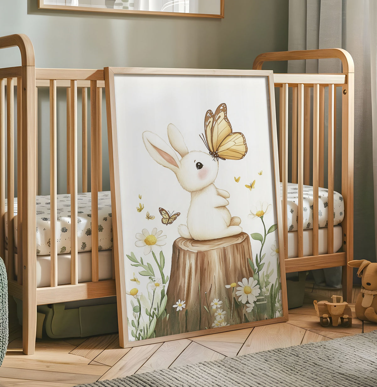 Bunny and butterfly nursery print with a white rabbit sitting on a tree stump among daisies