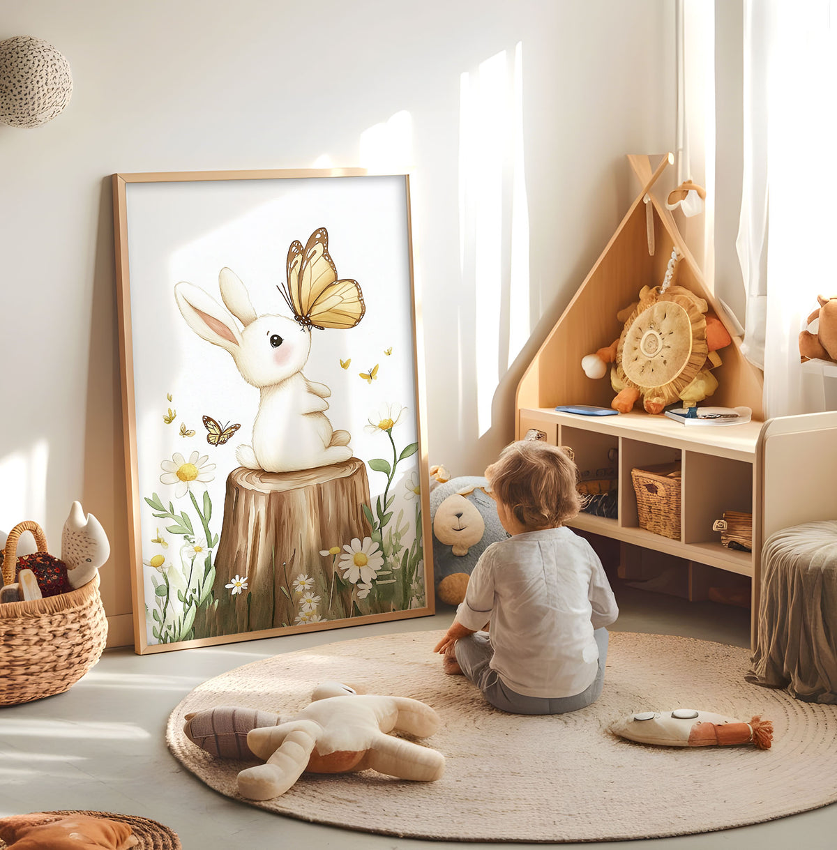 Bunny and butterfly kids wall art displayed in a bright nursery