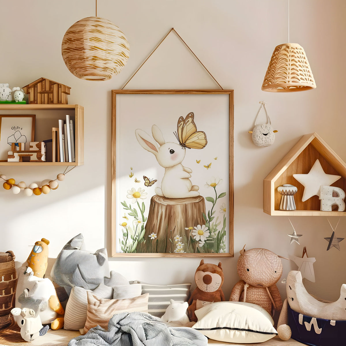 Whimsical bunny and butterfly nursery print displayed in a warm kids bedroom