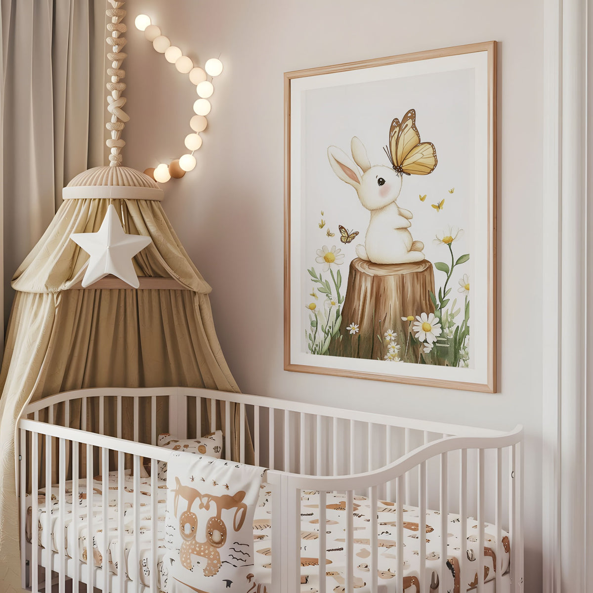 Bunny butterfly nursery wall art displayed above a cot