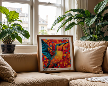 Yayoi Kusama Inspired Orange Hummingbird Print | Japanese Bird Polka Dot Wall Art