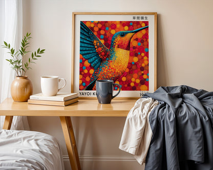 Yayoi Kusama Inspired Orange Hummingbird Print | Japanese Bird Polka Dot Wall Art