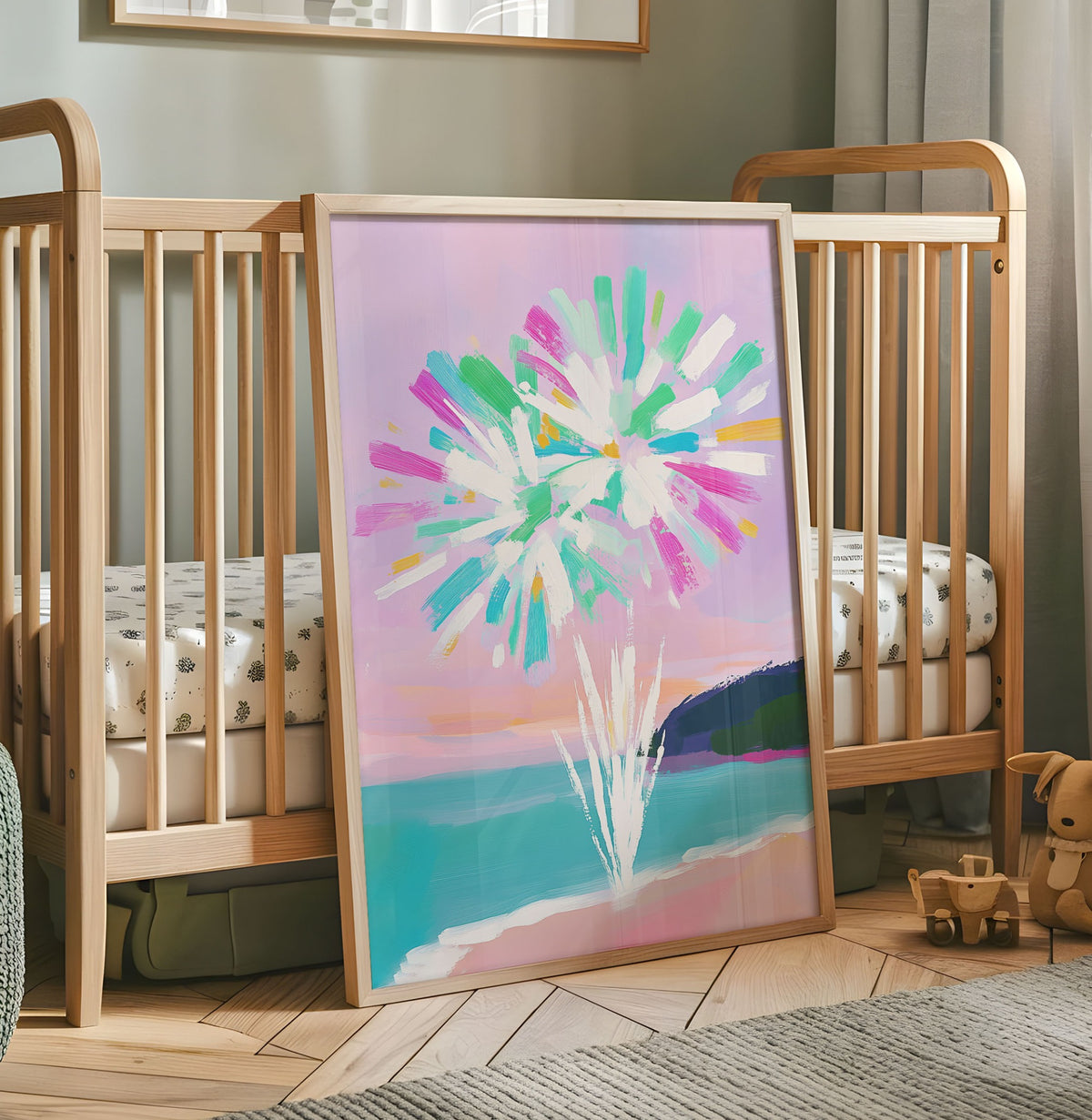 Colourful abstract flower nursery print with pastel pink lilac turquoise and white brushstrokes