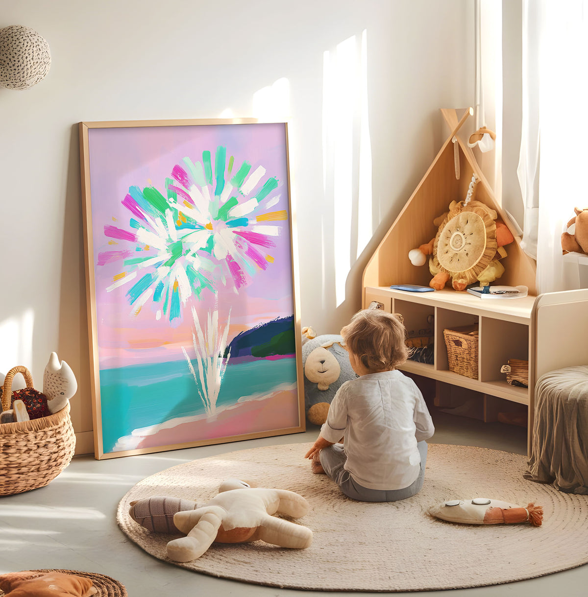 Pastel abstract flower kids wall art displayed in a bright nursery