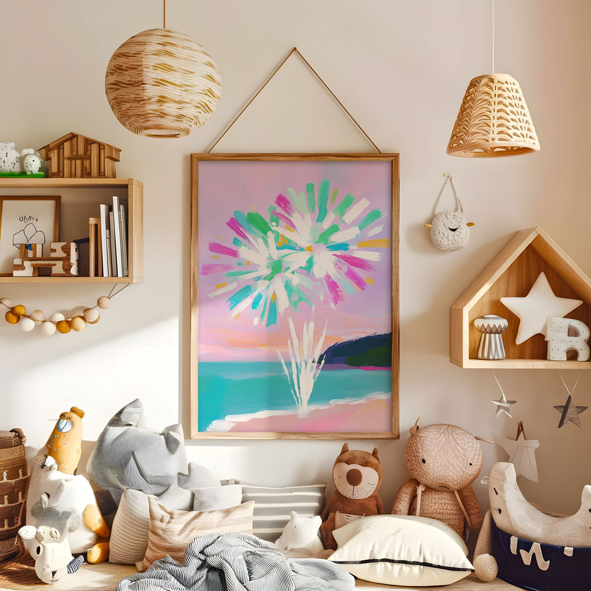 Colourful abstract floral nursery print displayed in a warm kids bedroom