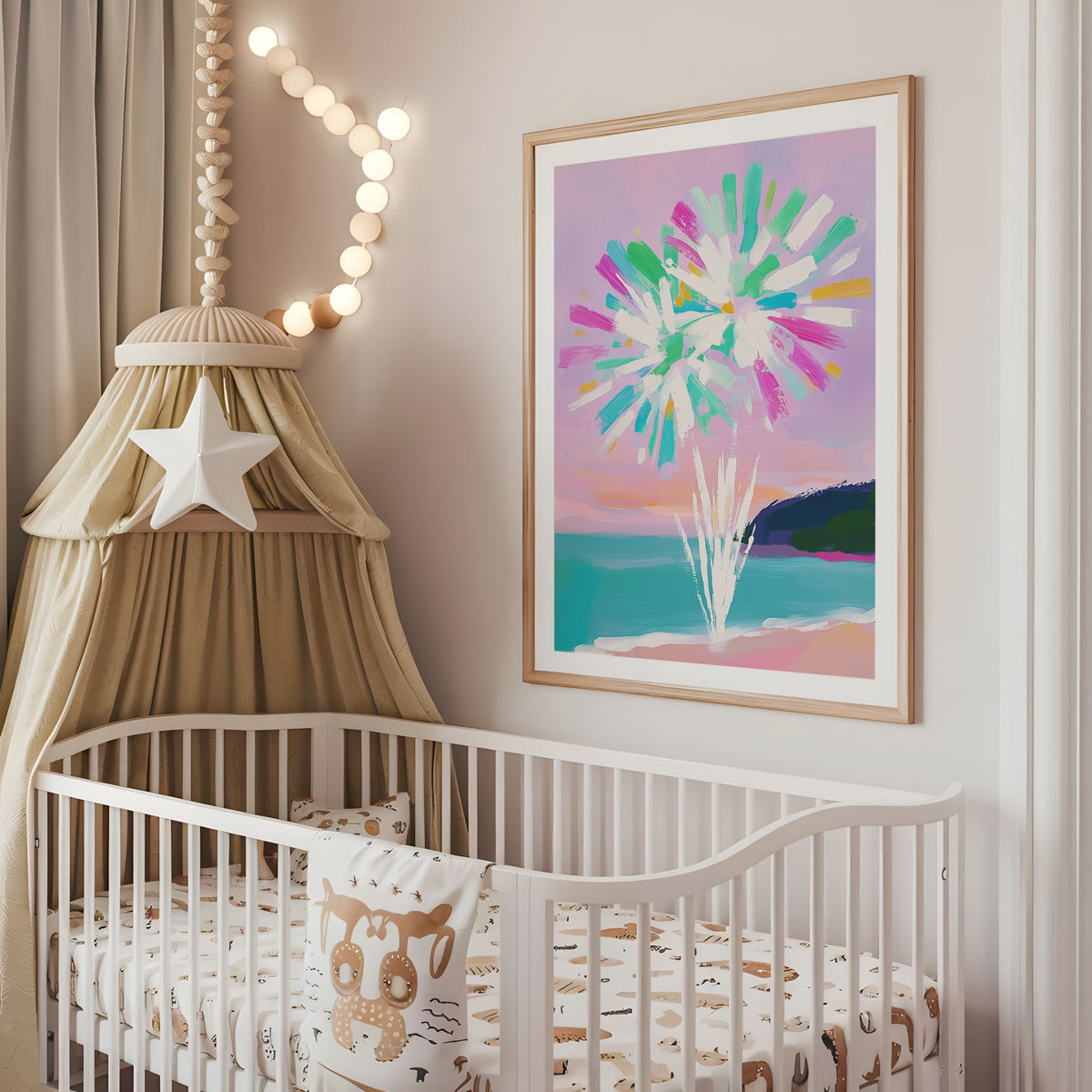 Pastel abstract flower nursery wall art displayed above a cot