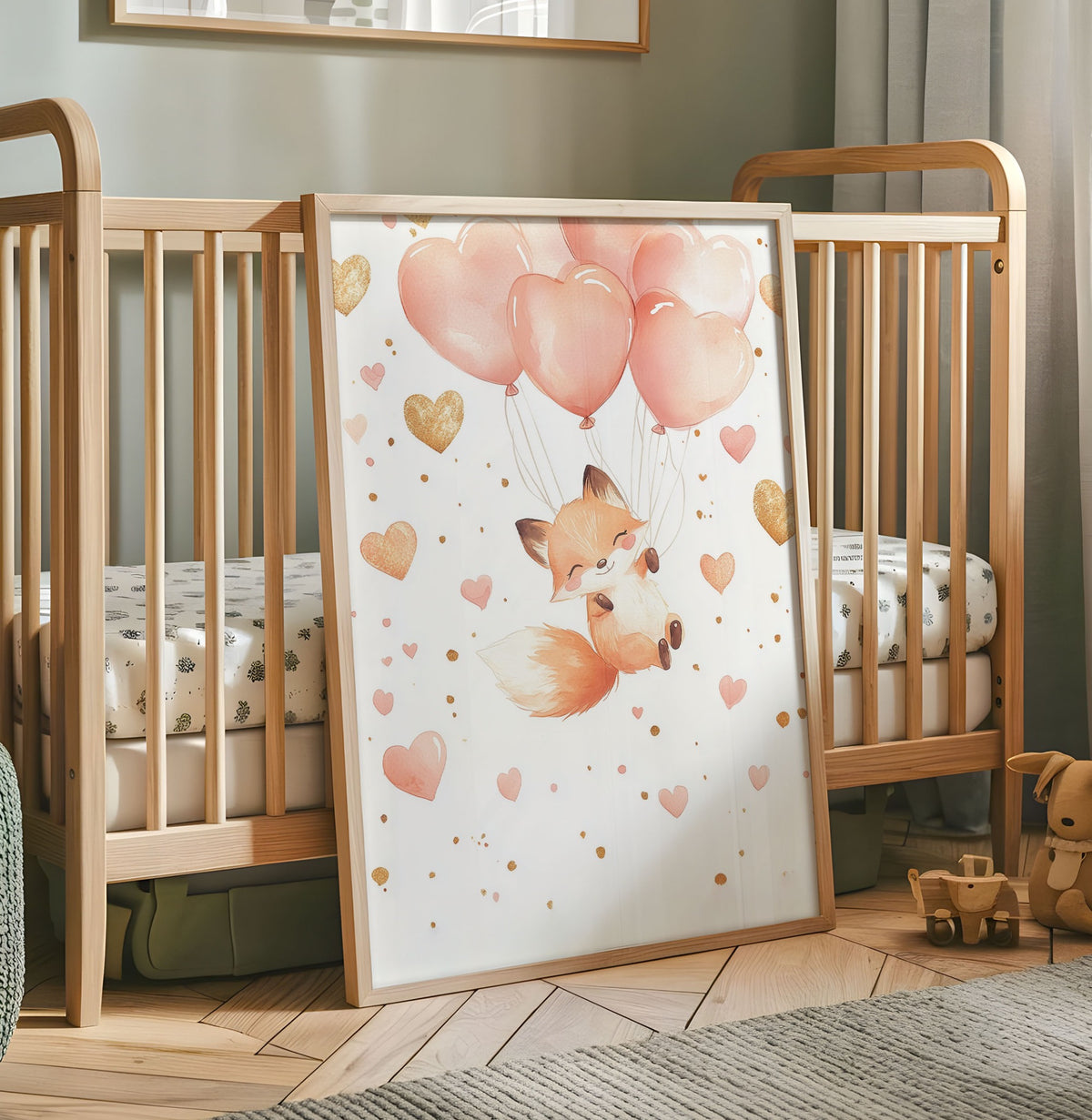 Fox balloon nursery print with a cute fox floating beneath pink and gold heart balloons