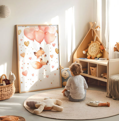 Fox with heart balloons kids wall art displayed in a bright nursery