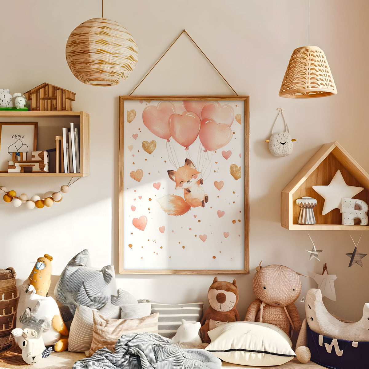 Whimsical fox balloon nursery print displayed in a warm kids bedroom