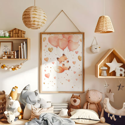 Whimsical fox balloon nursery print displayed in a warm kids bedroom