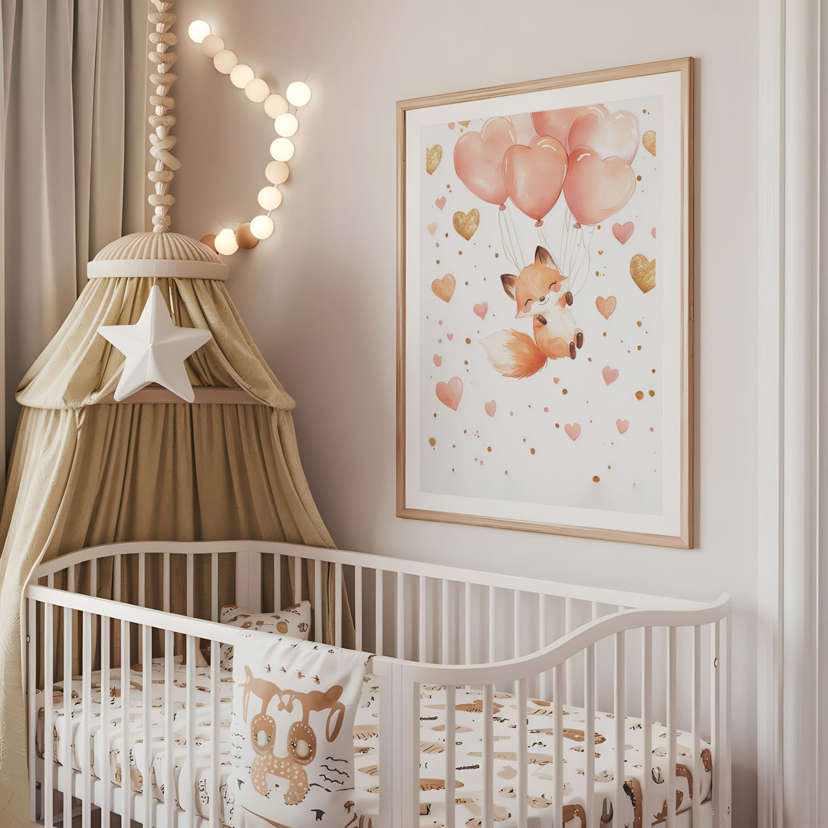 Fox heart balloon nursery wall art displayed above a cot