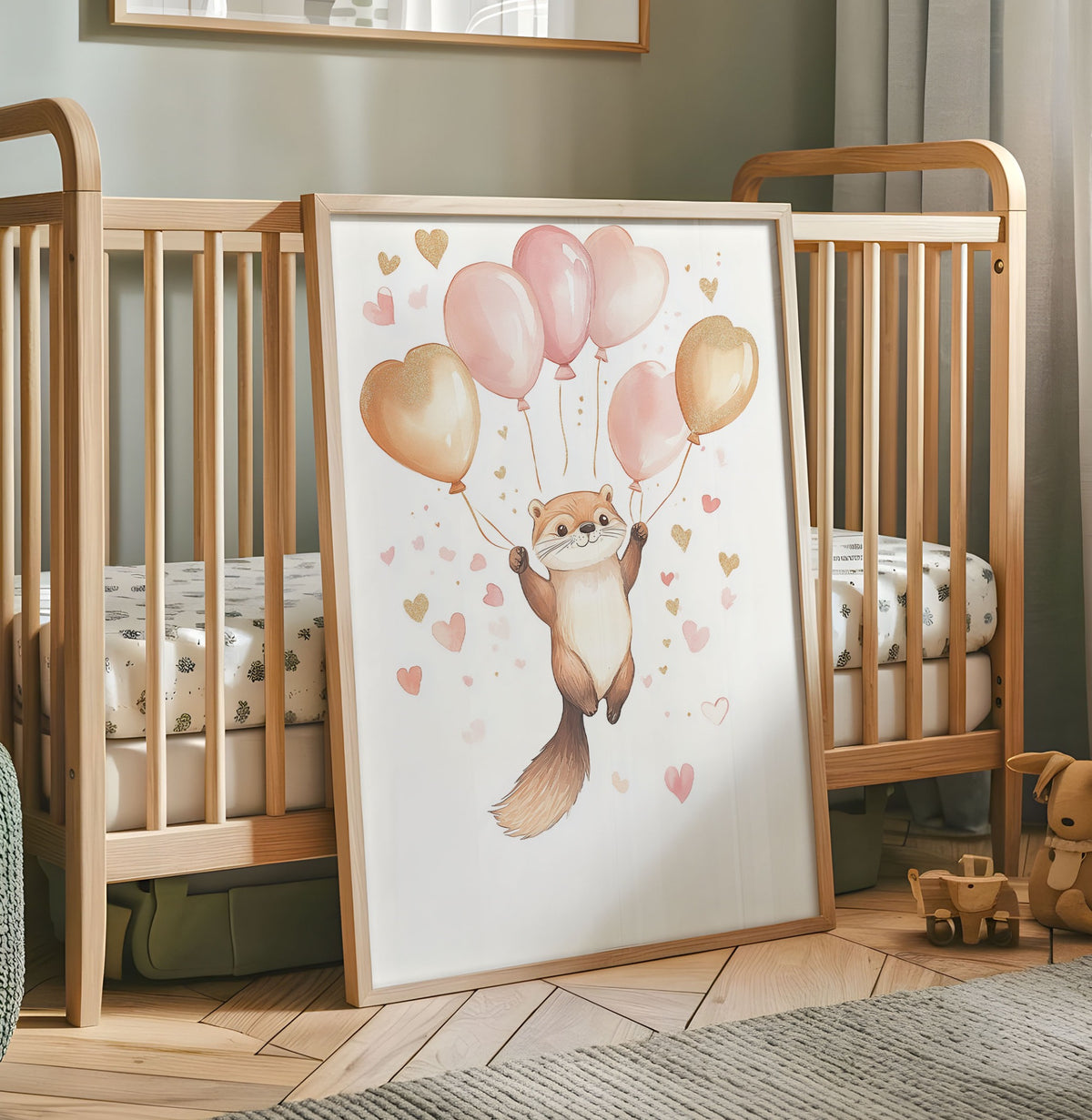 Otter balloon nursery print with a playful otter holding pink and gold heart balloons
