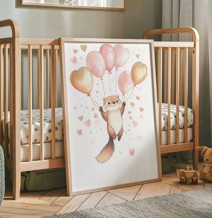 Otter balloon nursery print with a playful otter holding pink and gold heart balloons
