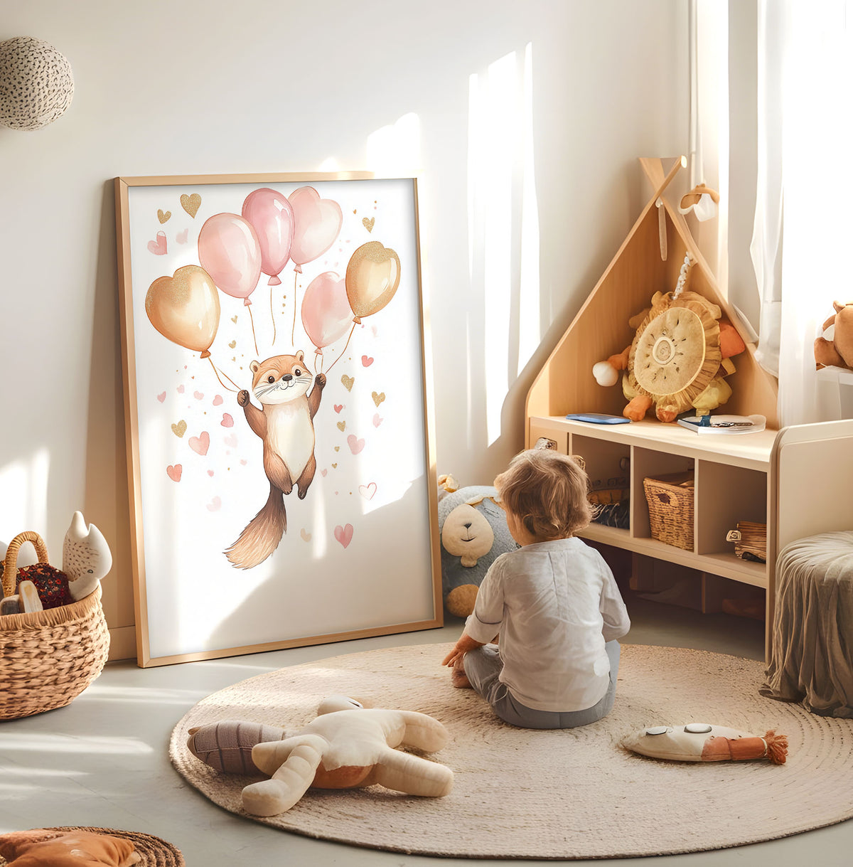 Otter with heart balloons kids wall art displayed in a bright nursery