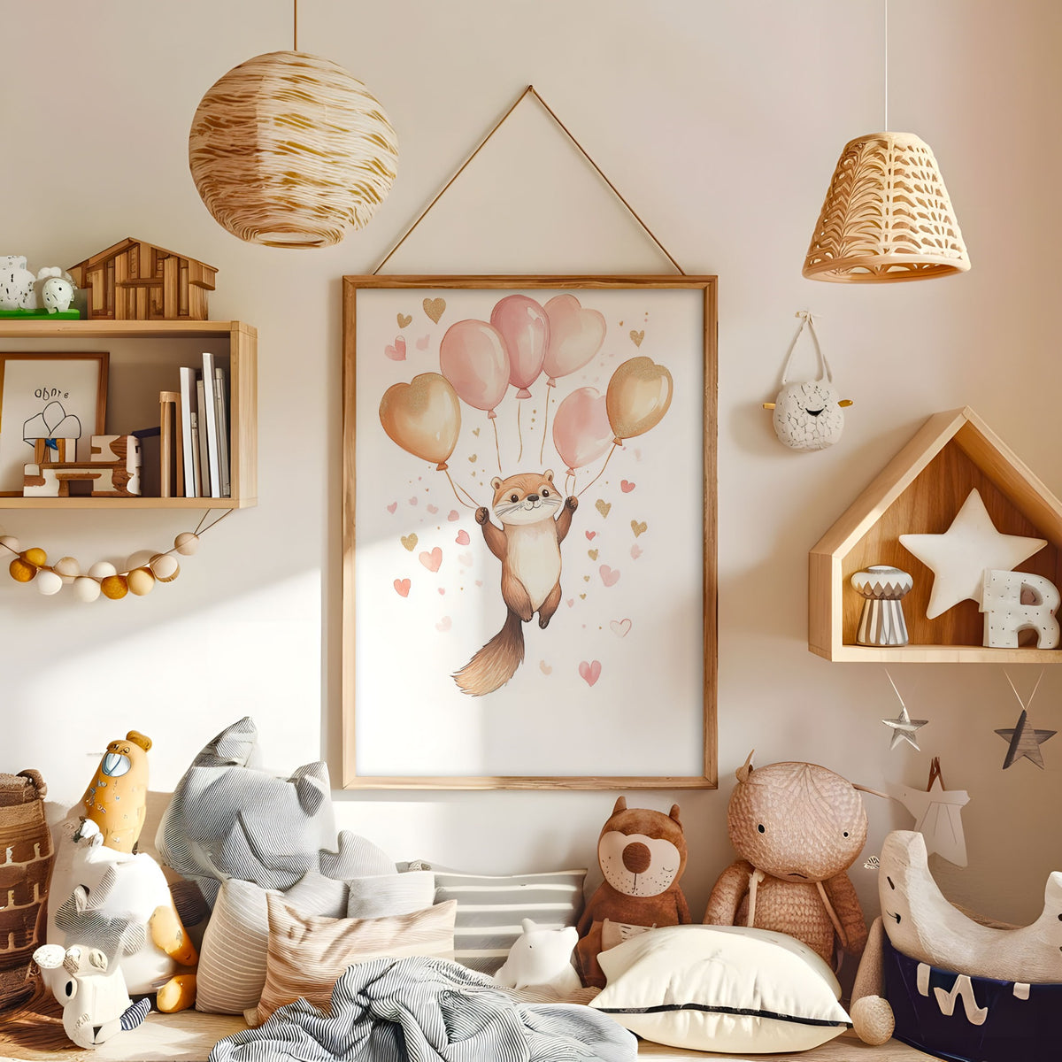 Whimsical otter balloon nursery print displayed in a warm kids bedroom