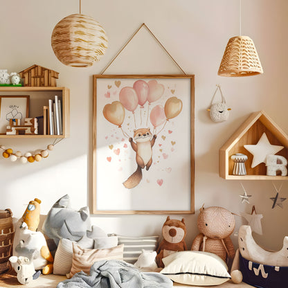 Whimsical otter balloon nursery print displayed in a warm kids bedroom