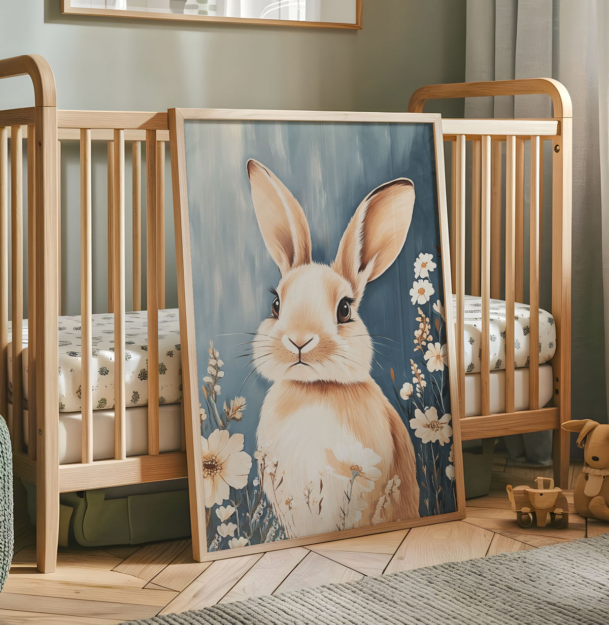 Floral bunny nursery print with a cream rabbit surrounded by white flowers on a soft blue background