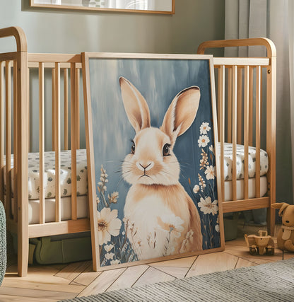 Floral bunny nursery print with a cream rabbit surrounded by white flowers on a soft blue background