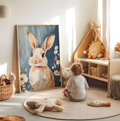 Floral bunny kids wall art displayed in a bright nursery beside a cot