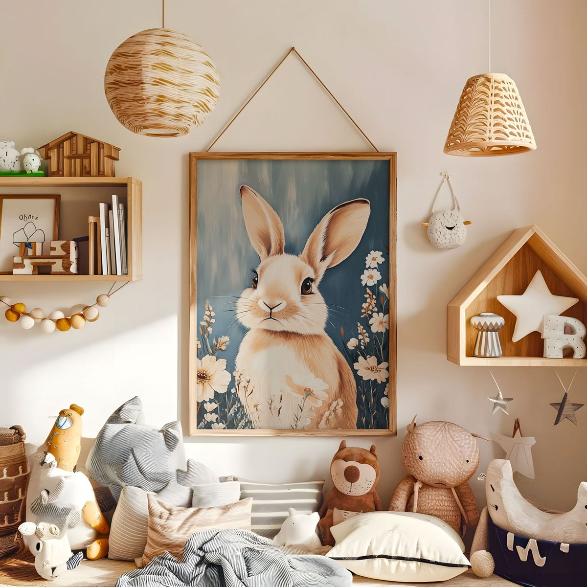 Blue floral rabbit nursery print displayed in a warm kids bedroom