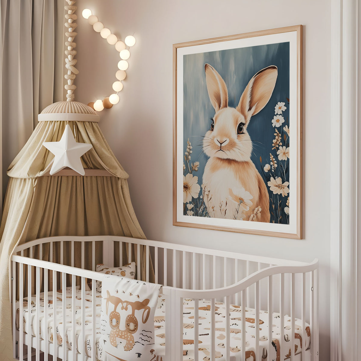 Floral bunny nursery wall art displayed above a cot in a neutral baby room